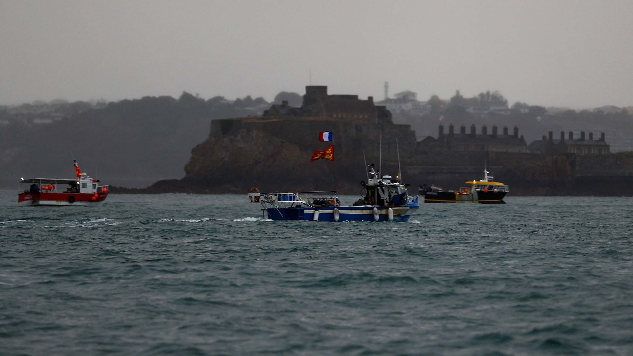 French fishing boats protest over fishing rights near the Jersey port of Saint Helier on Thursday, May 6.
