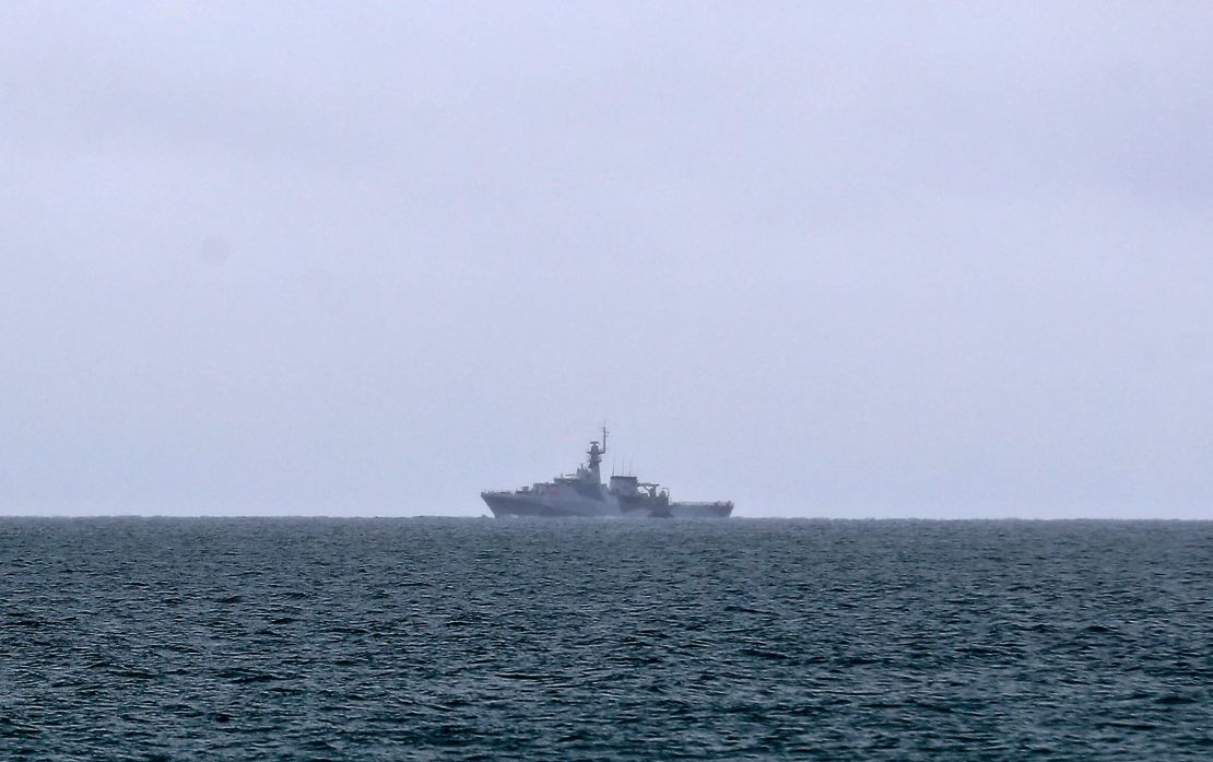 A British Royal Navy vessel patrols the waters off Jersey on May 6 to monitor the protest by French fishermen.