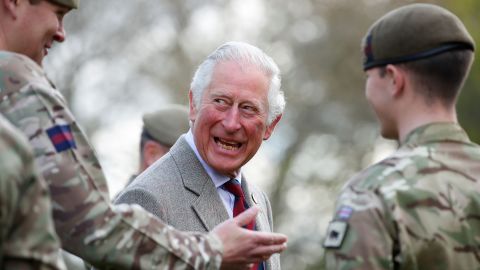 Prince Charles shares a joke with soldiers of the Welsh Guards during a visit to Combermere Barracks on May 5 in Windsor, England. 