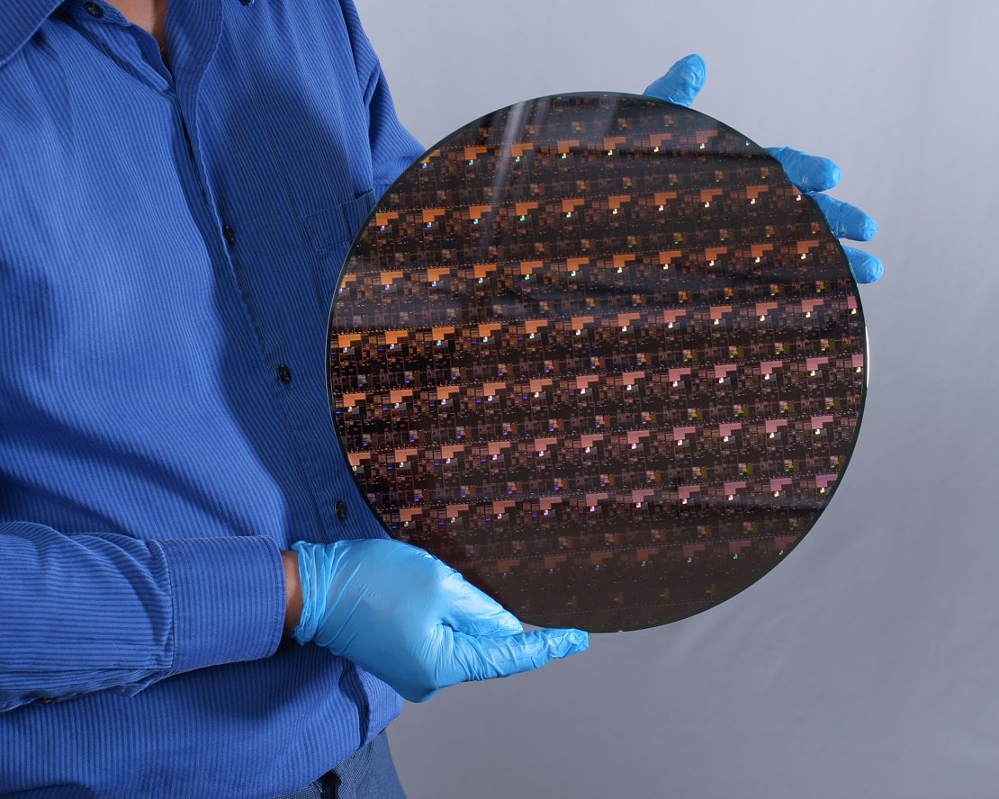 A wafer holding the new 2-nanometer chips developed by IBM.  