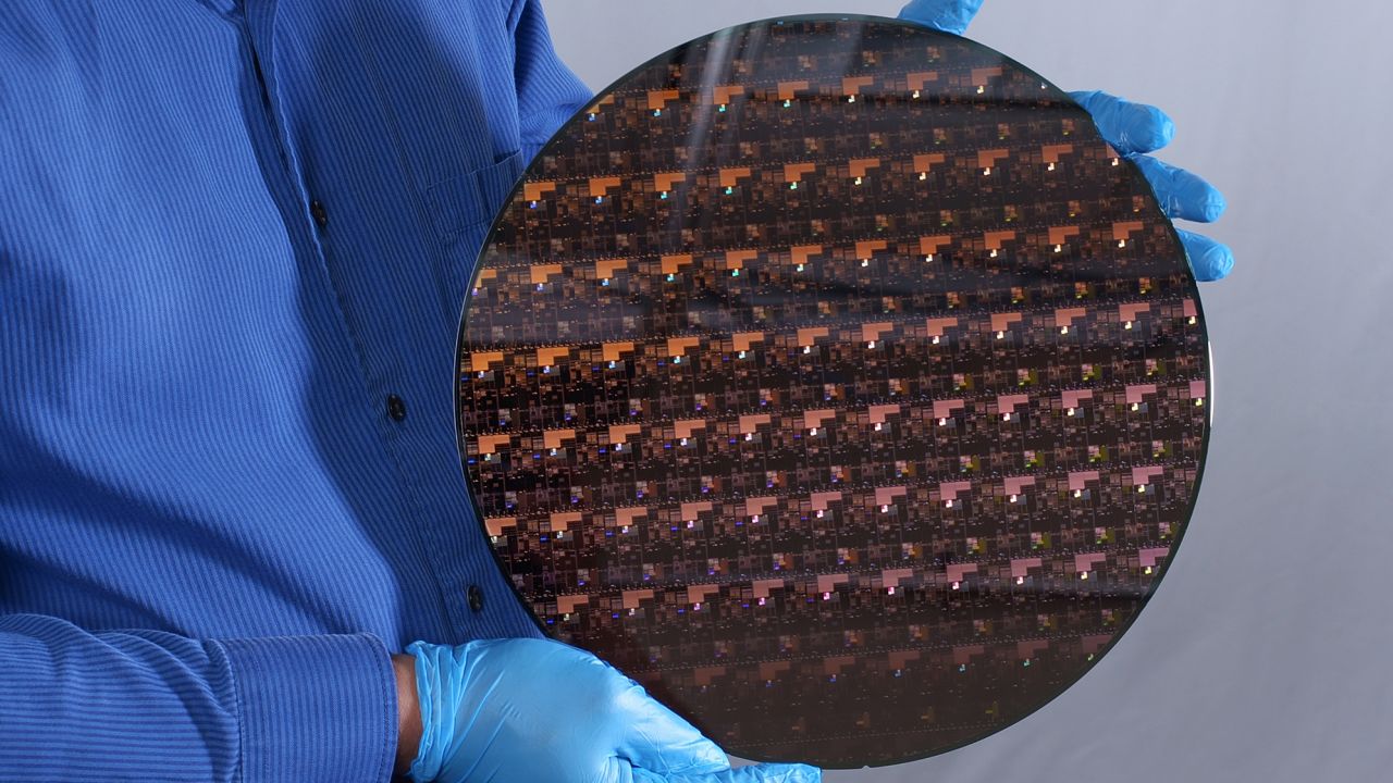 A wafer holding the new 2-nanometer chips developed by IBM.