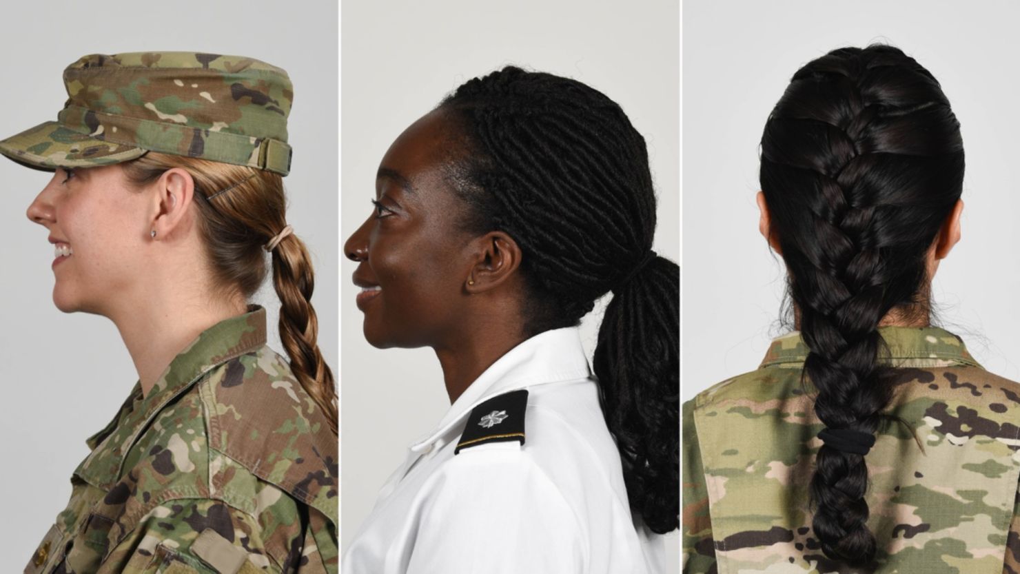 US soldiers wearing new approved ponytail styles.