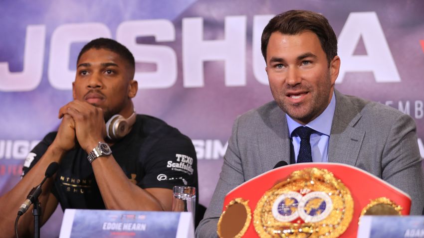 LONDON, ENGLAND - APRIL 27:  Eddie Hearn, boxing promoter (R) and Anthony Joshua  (L) speak during a press conference for his Super Heavyweight title fight against Wladamir Klitschko at Sky Sports Studios on April 27, 2017 in London, England. Anthony Joshua and Wladamir Klitschko are due to fight for the IBF, IBO and WBA Super Heavyweight Championships of the World at Wembley Stadium on April 29.  (Photo by Richard Heathcote/Getty Images)