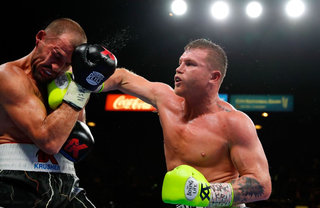 Canelo Alvarez (R) connects on Sergey Kovalev during their WBO light heavyweight title fight at MGM Grand Garden Arena on November 2, 2019 in Las Vegas, Nevada. Alvarez won with an 11th-round knockout.  