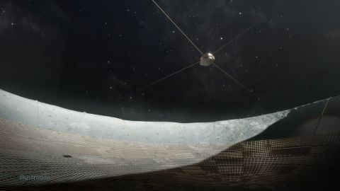 An artist's illustration shows the perspective from inside the proposed crater telescope looking up at the receiver.