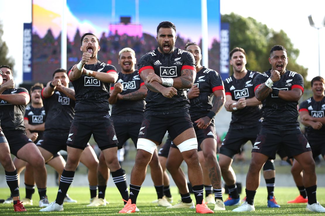 Liam Messam of the Maori All Blacks, another New Zealand Rugby team, leads the haka in December 2020.