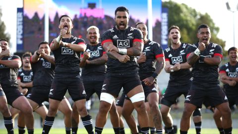 Liam Messam of the Maori All Blacks, another New Zealand Rugby team, leads the haka in December 2020.
