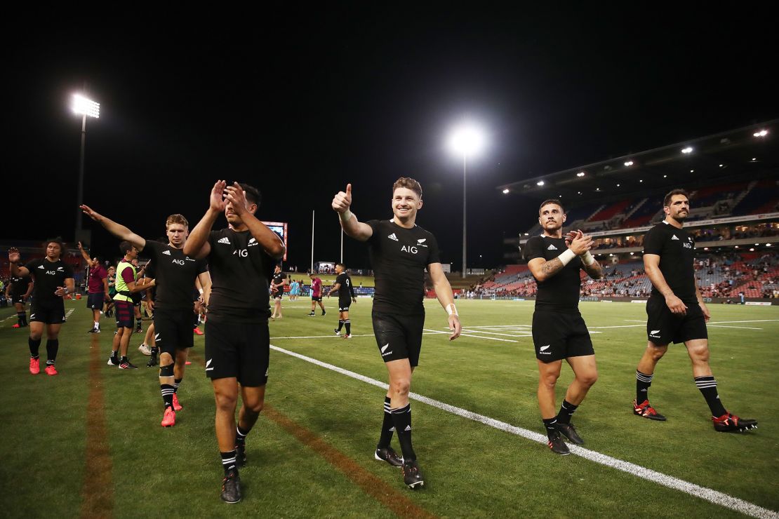 The All Blacks thank fans after winning the 2020 Tri-Nations match with the Argentina Pumas in November 2020.