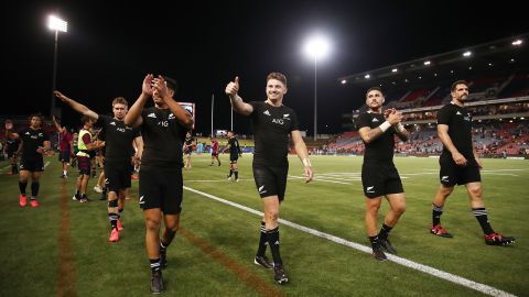 The All Blacks thank fans after winning the 2020 Tri-Nations match with the Argentina Pumas in November 2020.