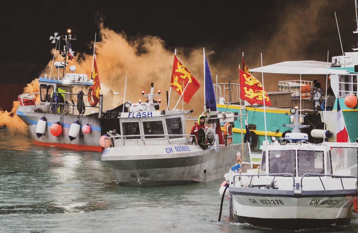 French fishermen, angry over losing access to waters off the coast of Jersey, <a href="https://www.cnn.com/2021/05/04/europe/france-uk-jersey-brexit-intl-hnk/index.html" target="_blank">gather their boats in protest</a> on Thursday, May 6. Jersey is one of the Channel Islands, sitting just 14 miles off the French coast. While not technically part of the United Kingdom, the islands are crown dependencies, defended and internationally represented by the UK government.