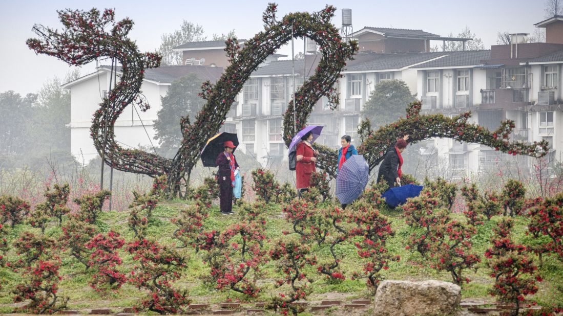 <strong>Upscale rural living</strong>: As demand for countryside tourism has grown, rural areas have upgraded their facilities and attractions. In this photo, tourists visit a flower and wood art garden at Wenhua village in central Sichuan province.