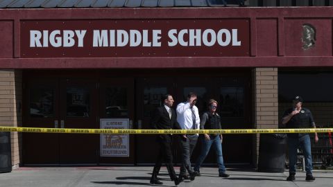 Officers leave Rigby Middle School after a shooting in Rigby, Idaho on Thursday, May 6, 2021.