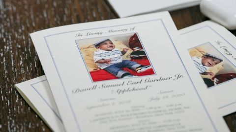 The funeral program for 1-year-old Davell Gardner Jr. sits on a table at Pleasant Grove Baptist Church on July 27, 2020 in New York City.  