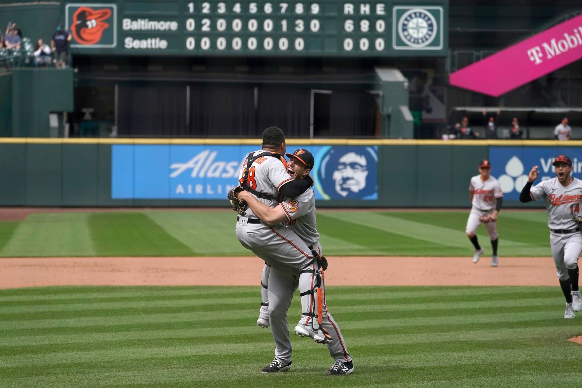 Baltimore pitcher John Means hugs catcher Pedro Severino after throwing a no-hitter in Seattle on Wednesday, May 5. <a href="https://www.cnn.com/2021/05/05/sport/john-means-orioles-pitcher-no-hitter-mariners-spt/index.html" target="_blank">It was nearly a perfect game.</a>