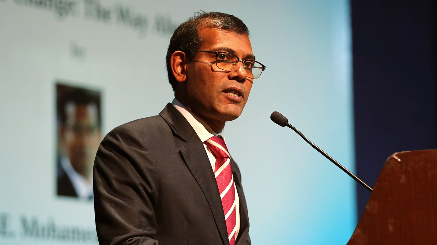 Former Maldives President Mohamed Nasheed delivers a lecture in New Delhi, India, on February 14, 2019.