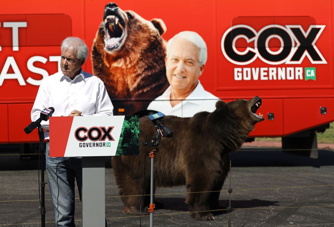 A live bear is seen behind gubernatorial candidate John Cox during a campaign rally in Sacramento, California, on Tuesday, May 4. <a href="https://www.cnn.com/2021/05/04/politics/california-recall-newsom-bear/index.html" target="_blank">Cox brought the bear to capture voters' attention,</a> and the bear can also be seen on his campaign bus and in a new campaign ad. "We need big beastly changes in Sacramento," the Republican says in the ad. "I'll make 'em."