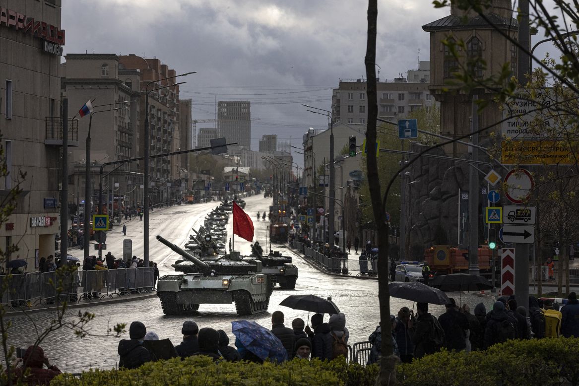 Russian Army tanks roll along a street in Moscow on Tuesday, May 4, to attend a rehearsal for the Victory Day military parade.