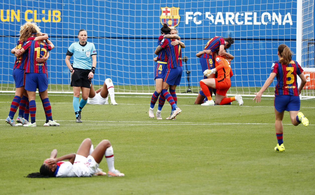 FC Barcelona players celebrate after defeating Paris Saint-Germain in the semifinals of the Women's Champions League on Sunday, May 2. They'll play Chelsea in the final.