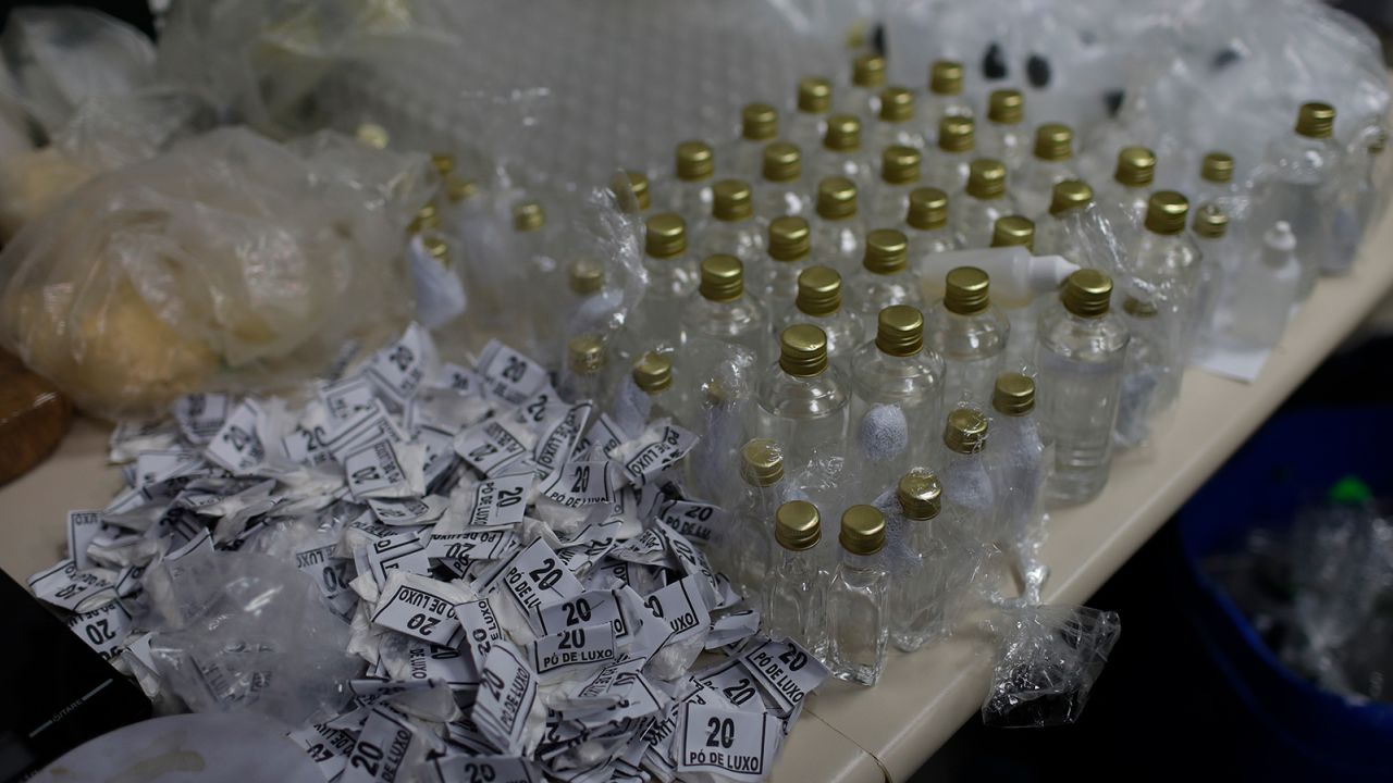 Drugs seized during a police raid are displayed for the media at the city police headquarters in Rio de Janeiro, Brazil, Thursday, May 6, 2021.