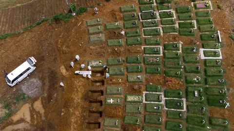 Workers bury a coffin containing the body of a Covid-19 victim at a cemetery reserved for coronavirus deaths in North Sumatra, Indonesia.