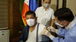 MANILA, May 3, 2021 -- Philippine President Rodrigo Duterte receives his first dose of China's Sinopharm COVID-19 vaccine in the Philippines, May 3, 2021. Duterte's longtime aide and senator Christopher Bong Go posted on social media a video showing Health Secretary Francisco Duque administering the vaccine in Duterte's left arm. (Photo by Xinhua via Getty) (Xinhua/Xinhua via Getty Images)