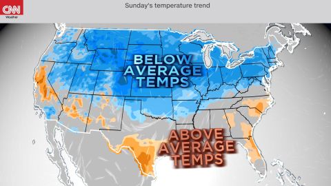 Forecast temperature departures from normal Sunday