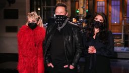 SATURDAY NIGHT LIVE -- "Elon Musk" Episode 1803 -- Pictured: (l-r) Musical guest Miley Cyrus, host Elon Musk, and Cecily Strong during Promos in Studio 8H on Thursday, May 6, 2021 -- (Photo by: Rosalind O'Connor/NBC)