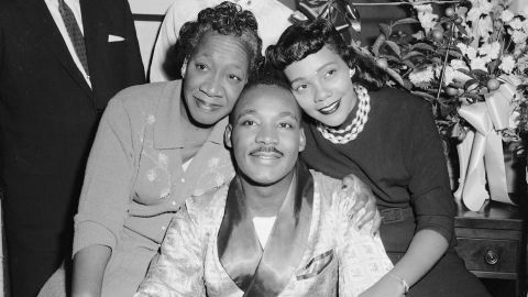UNITED STATES - SEPTEMBER 30:  Dr. Martin Luther King with his mother and his wife, Coretta, are smiling and cheerful druing their interview yesterday in Harlem Hospital after being stabbed by Mrs. Isola Ware Curry..  (Photo by Al Pucci/NY Daily News Archive via Getty Images)
