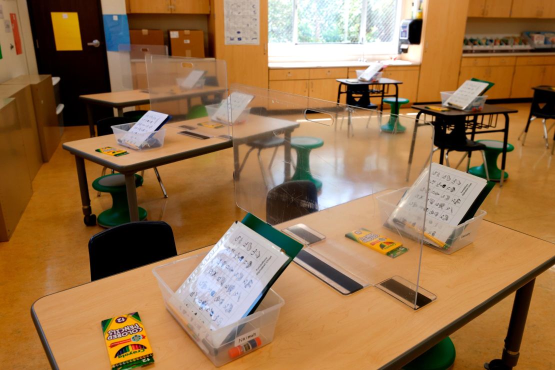 A first-grade classroom at Bryant Elementary School in San Francisco is set up awaiting the return of students last month.