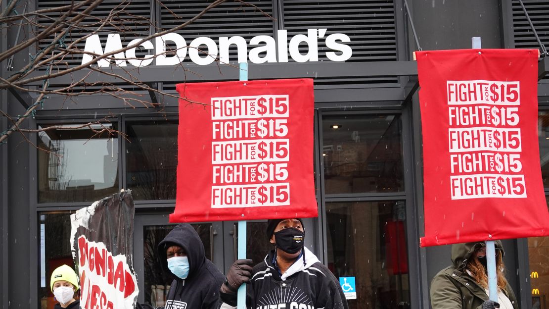 Demonstrators participate in a  protest outside of McDonald's corporate headquarters on January 15, 2021 in Chicago.