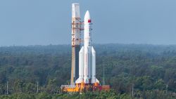 WENCHANG, CHINA - APRIL 23: A Long March-5B Y2 rocket carrying the core module of China's space station, Tianhe, stands at the launching area of the Wenchang Spacecraft Launch Site on April 23, 2021 in Wenchang, Hainan Province of China. (Photo by VCG/VCG via Getty Images)