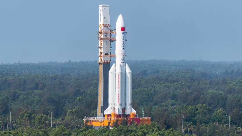 WENCHANG, CHINA - APRIL 23: A Long March-5B Y2 rocket carrying the core module of China's space station, Tianhe, stands at the launching area of the Wenchang Spacecraft Launch Site on April 23, 2021 in Wenchang, Hainan Province of China. (Photo by VCG/VCG via Getty Images)
