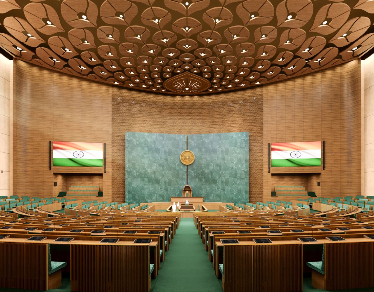 A digital impression of the new Lok Sabha, the Indian parliament's lower chamber.