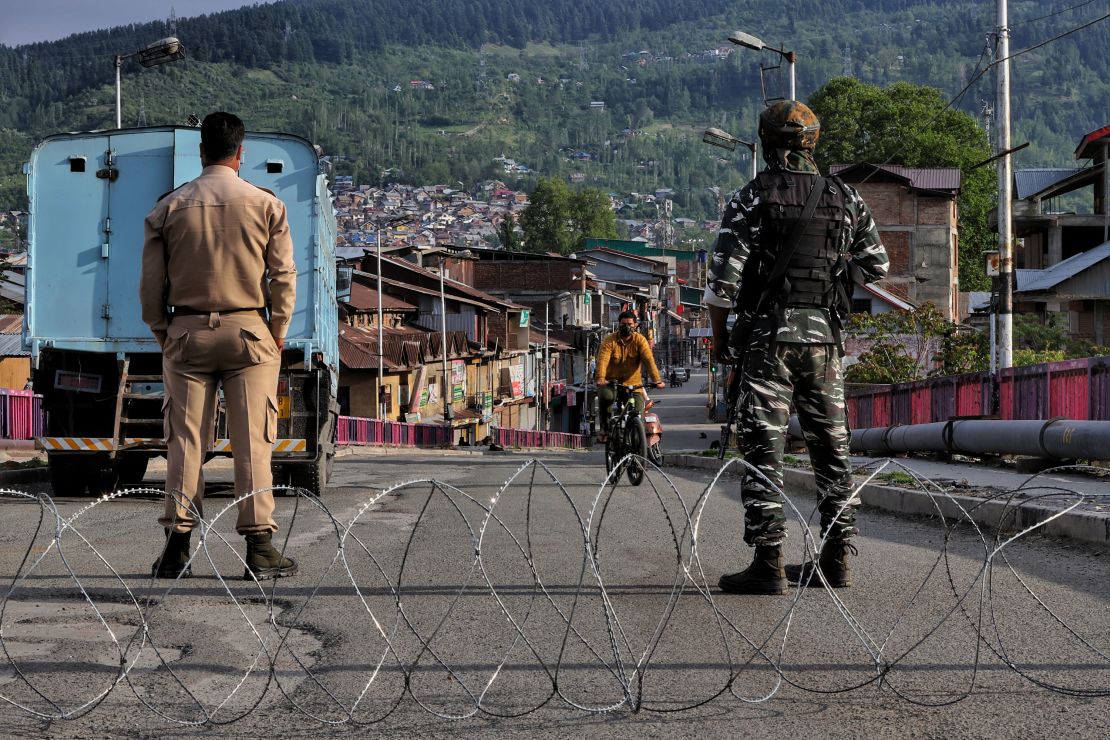 Central Reserve Police Force at a temporary check point during Covid-19 Corona Curfew in Baramulla, Jammu and Kashmir, on May 9.