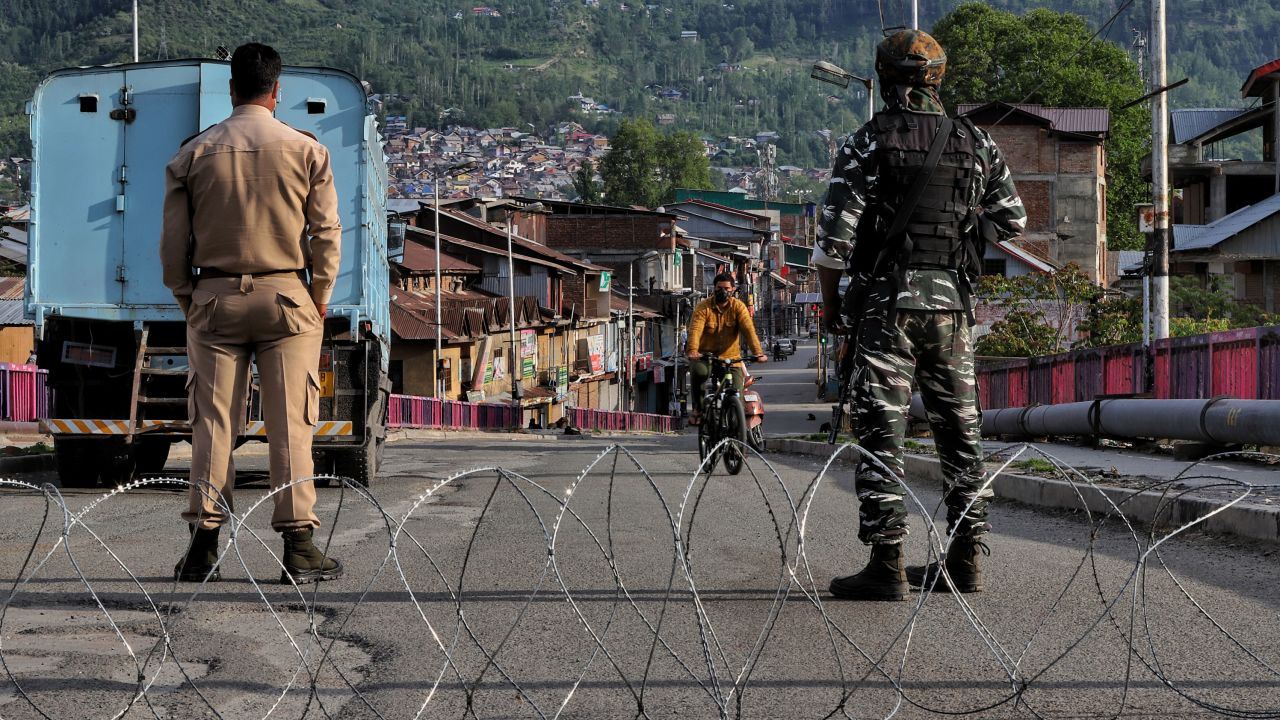 Central Reserve Police Force at a temporary check point during Covid-19 Corona Curfew in Baramulla, Jammu and Kashmir, on May 9.