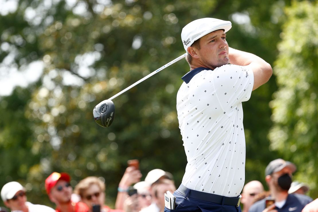 DeChambeau plays his shot from the third tee during the final round of the 2021 Wells Fargo Championship.