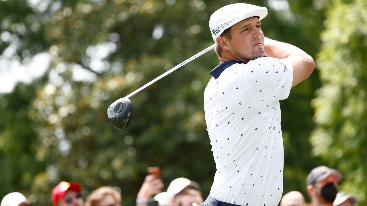 DeChambeau plays his shot from the third tee during the final round of the 2021 Wells Fargo Championship.