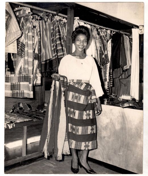 This picture from the 1960s, taken in  Shade's Boutique, Lagos, shows an adaptation of a Yoruba wrapper made from Aso Oke fabric -- a traditional hand-woven cloth. 
