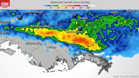 Observed rainfall since early Monday morning, highlighting rainfall estimates of up to 6 inches of rain.