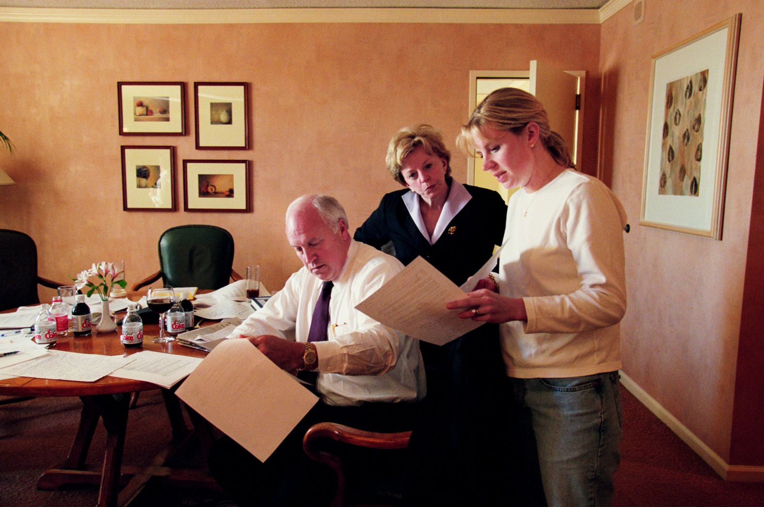 Dick Cheney talks with Liz and his wife on the morning after the election in 2000. There wasn't a clear winner yet in the presidential race.