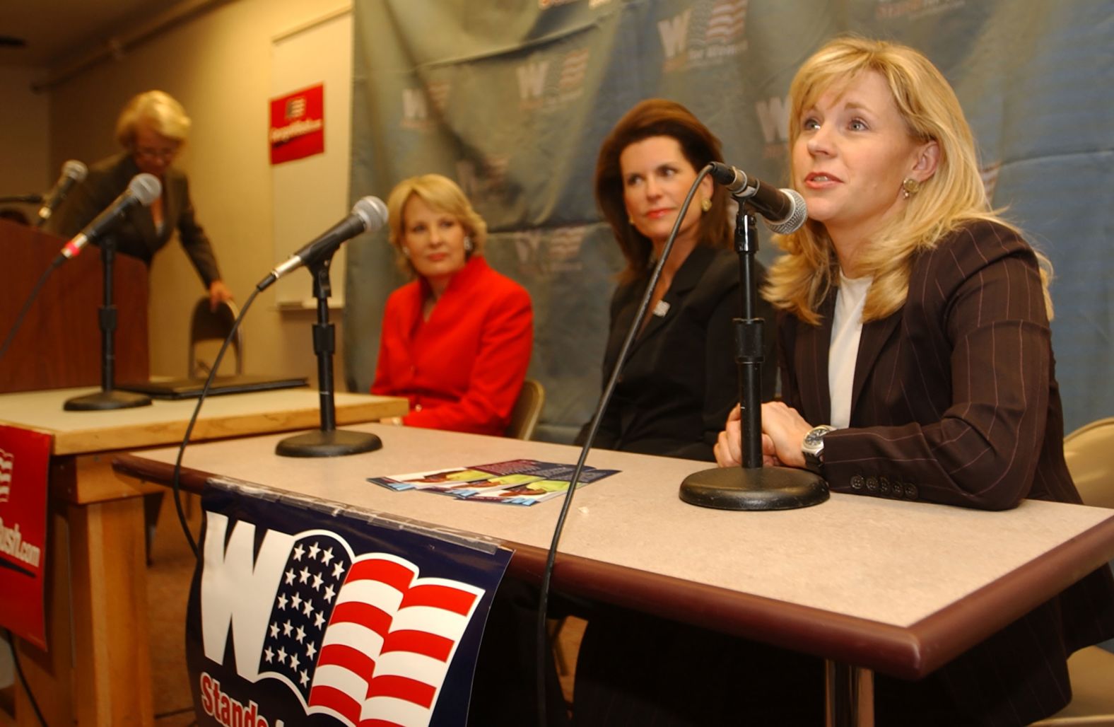 Cheney speaks in Denver as part of a campaign event for Republican women in October 2004. Cheney left her State Department job to help her father get re-elected.