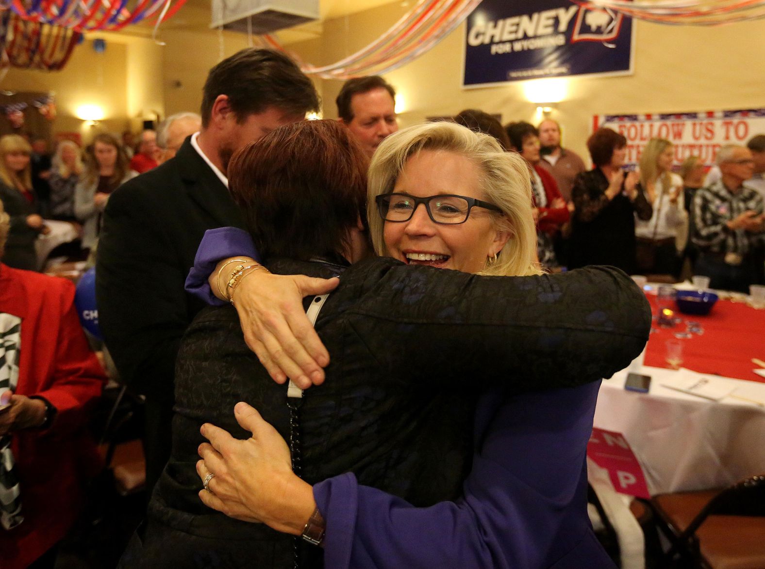 Cheney hugs a supporter during an election-night party in Casper, Wyoming, in November 2016. She defeated Democrat Ryan Greene to claim Wyoming's lone seat in the House.