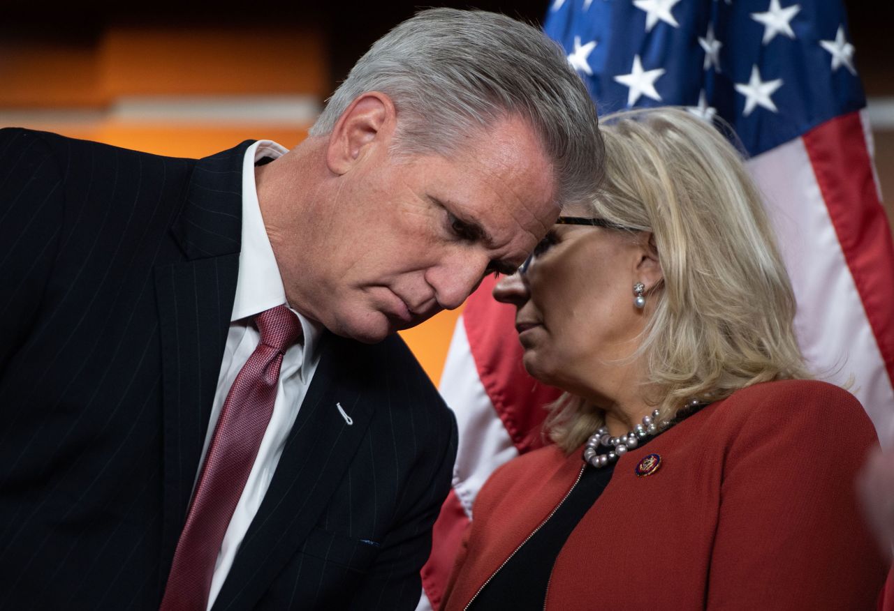 Cheney speaks with House Minority Leader Kevin McCarthy during a news conference in Washington, DC, in October 2019. She became chairwoman of the House Republican Conference in 2019, making her the third-ranking Republican in the House, behind McCarthy and Minority Whip Steve Scalise.