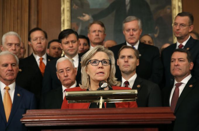Cheney speaks during a news conference with other Republicans in October 2019. The House <a href="index.php?page=&url=https%3A%2F%2Fwww.cnn.com%2F2019%2F10%2F31%2Fpolitics%2Fhouse-impeachment-inquiry-resolution-floor-vote%2Findex.html" target="_blank">had just passed a resolution</a> that formalized the procedures of an impeachment inquiry into President Donald Trump. No Republicans supported that resolution.