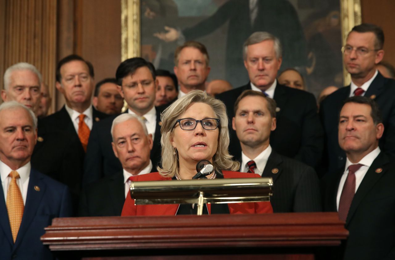 Cheney speaks during a news conference with other Republicans in October 2019. The House <a href="https://www.cnn.com/2019/10/31/politics/house-impeachment-inquiry-resolution-floor-vote/index.html" target="_blank">had just passed a resolution</a> that formalized the procedures of an impeachment inquiry into President Donald Trump. No Republicans supported that resolution.
