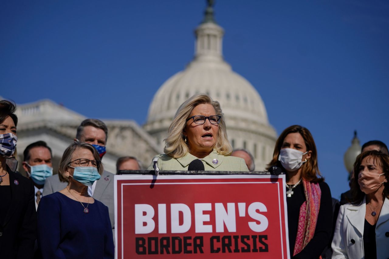 Cheney speaks about the US-Mexico border policy at a news conference outside the US Capitol in March 2021. In Congress, Cheney has high ratings from conservative groups. Like her father, she is a fiscal conservative and defense hawk.