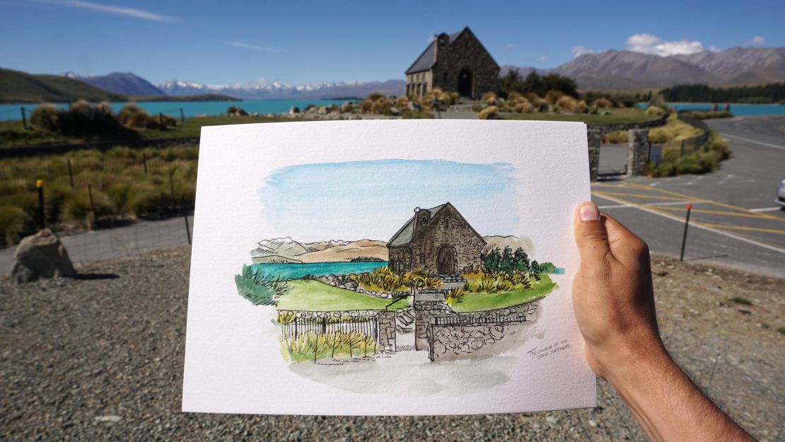 Napper's drawing of the The Church of the Good Shepherd in Lake Tekapo.