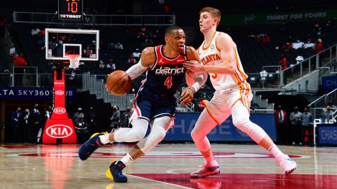 Russell Westbrook drives to the basket during the Washington Wizards' game against the Atlanta Hawks on May 10, 2021, at State Farm Arena in Atlanta.