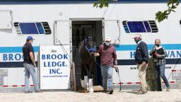 Kentucky Derby winner Medina Spirit arrived at Pimlico Race Course for the upcoming Preakness Stakes Monday.