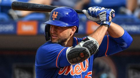 Tebow prepares to bat in the seventh inning during a spring training game for the New York Mets.